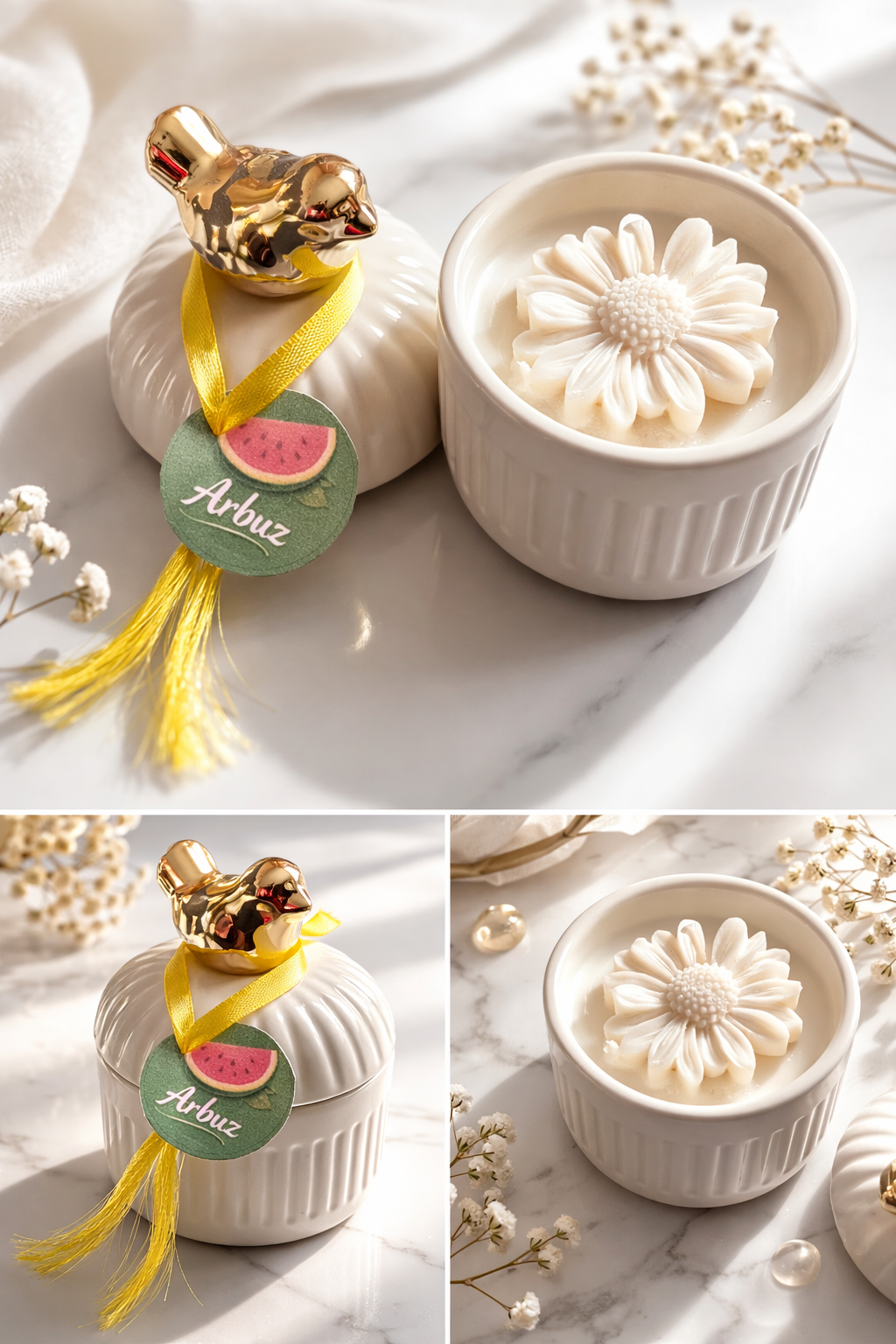 Świeca zapachowa w ceramicznym pojemniku z dekoracyjnym kwiatem – elegancki prezent