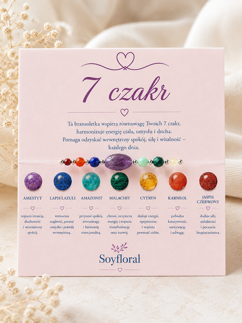 Bransoletka 7 Czakr z Kamieni Naturalnych na Bezbarwnej Gumce – Ametyst Amazonit Lapis Lazuli Karneol Handmade